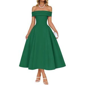 Women's Green Elegant Off Shoulder Short Sleeve Swing A Line Midi Dress